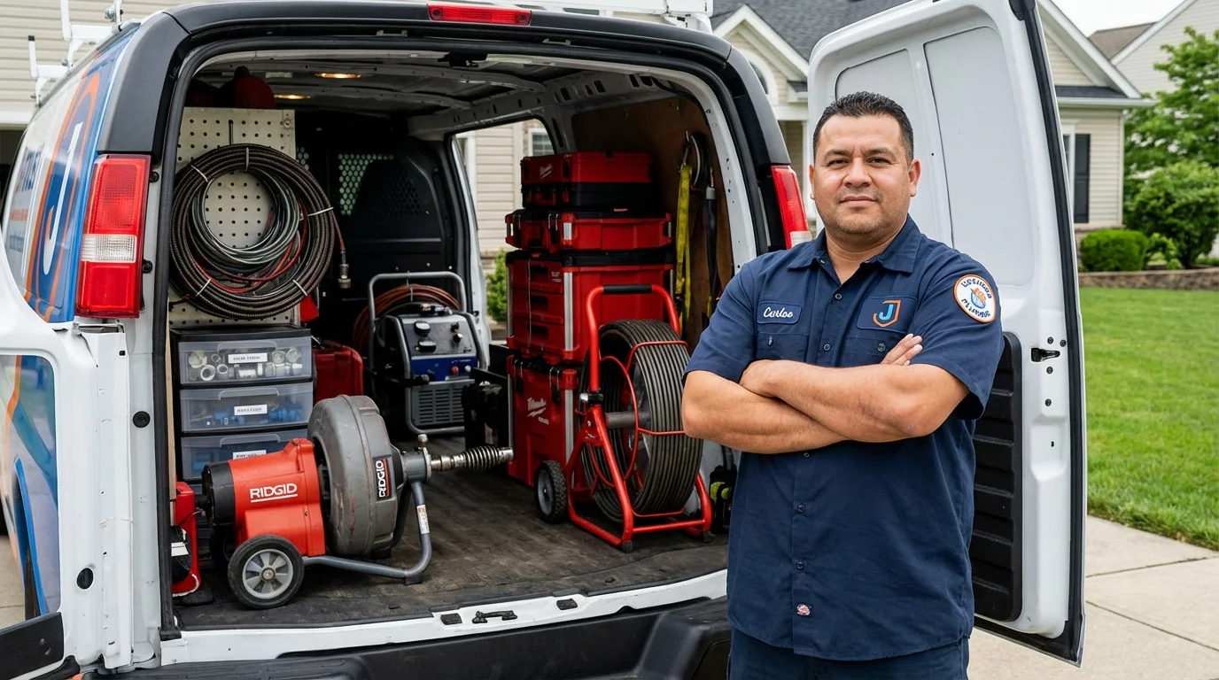 Professional drain cleaning equipment and Johns Plumbing LLC plumber in Maspeth