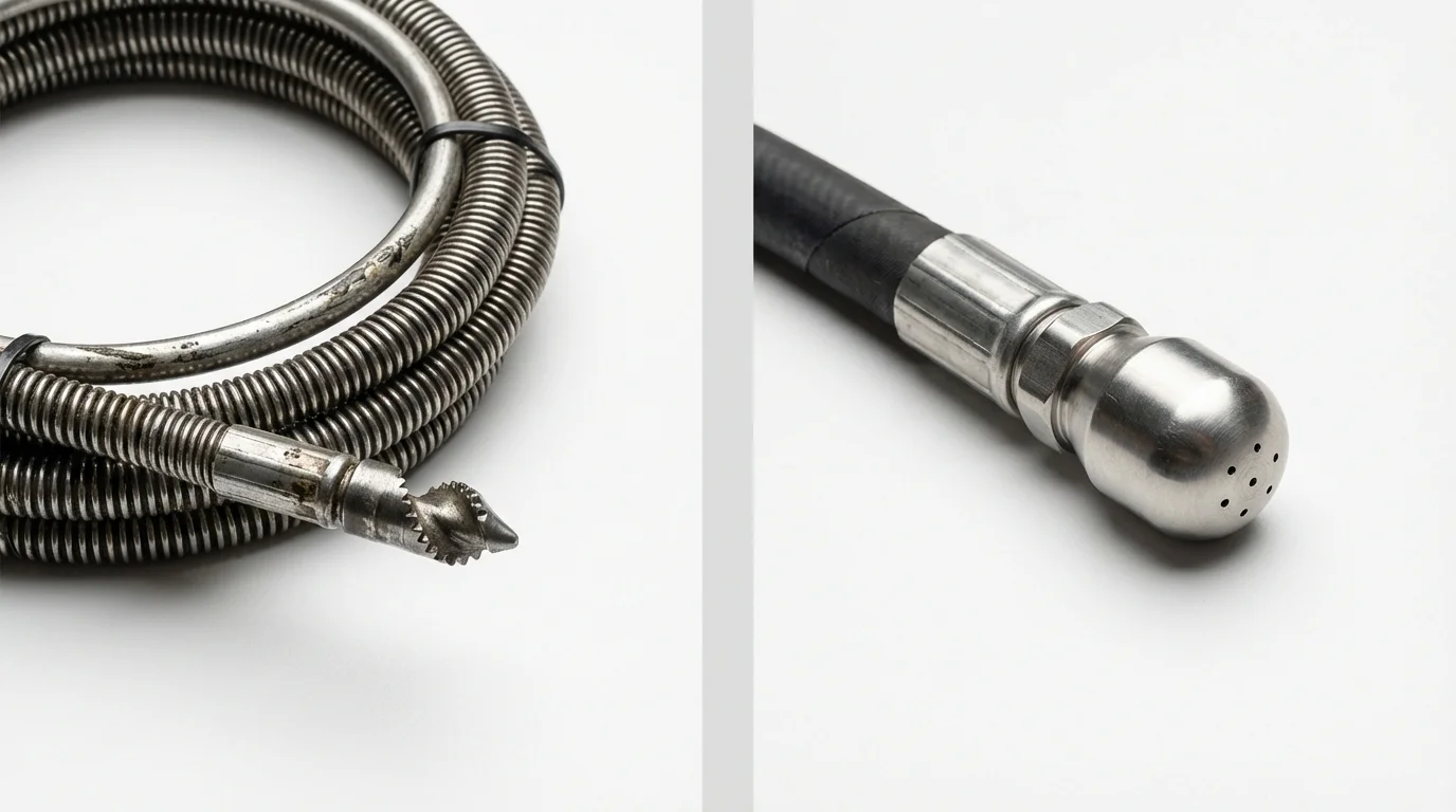 Drain snake cable and hydro jetting nozzle used for drain cleaning in Maspeth, NY