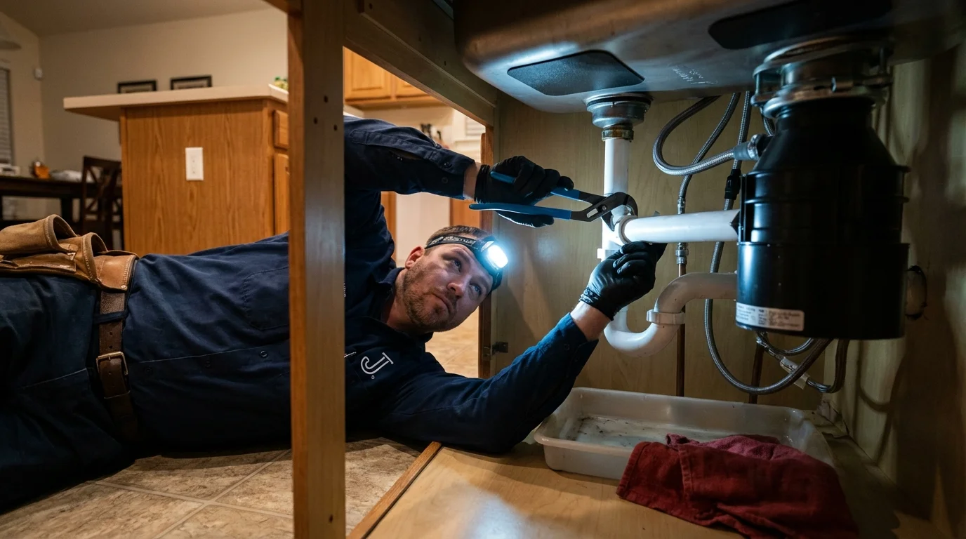 P-trap and supply line connections under a kitchen sink showing a common leak point in Maspeth, NY
